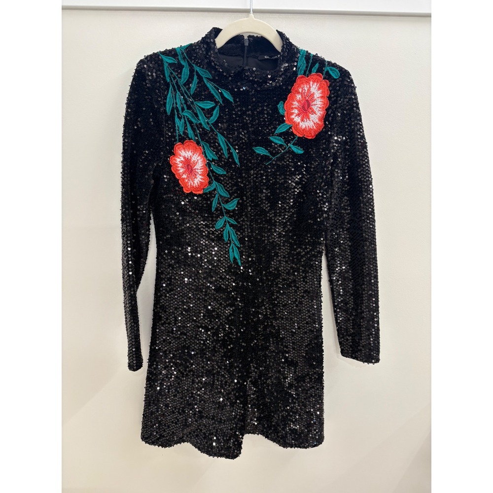 Gianni Bini Black Sequin Floral Embroidered Mini Dress Whimsigoth Preppy Neck 6